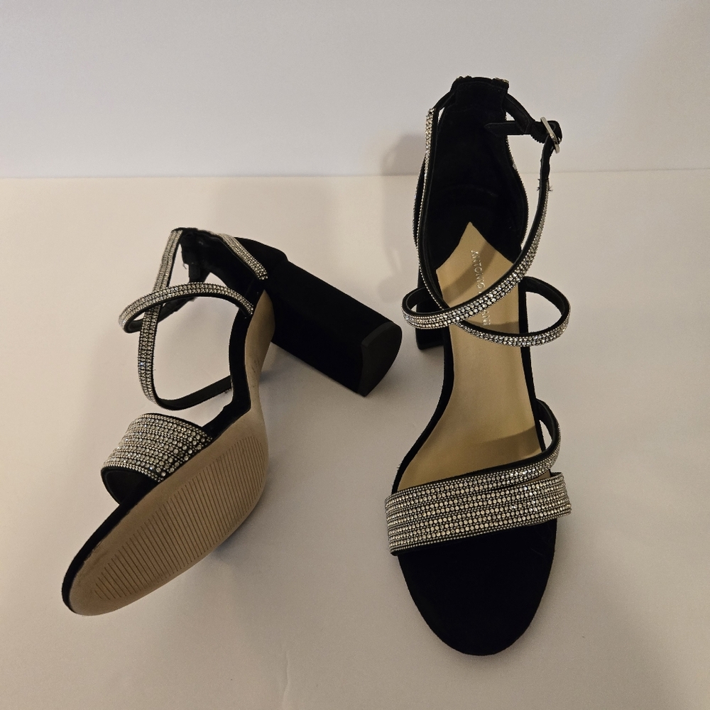 Antonio Melani Womens Black Suede Garlini Heels/Sandals Size‎ 10M w/ Rhinestones